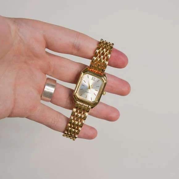 Gold Rectangle Analog Watch White Dial - Picture 5 of 12